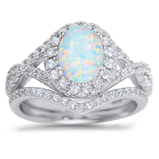 Halo Setting 1 Carat Oval Lab Created White Opal Sterling Silver Wedding Ring Set