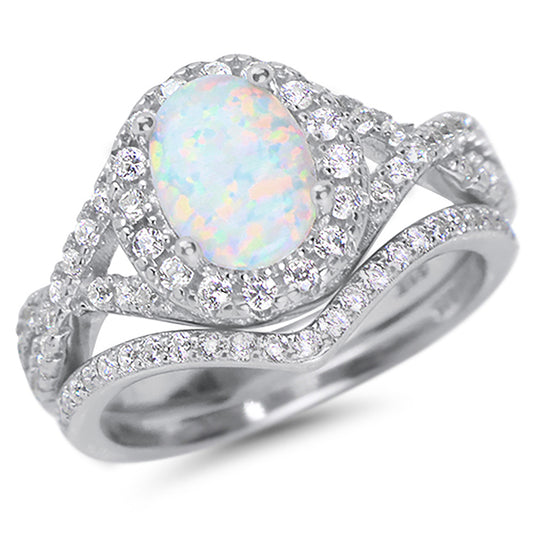 Halo Setting 1 Carat Oval Lab Created White Opal Sterling Silver Wedding Ring Set
