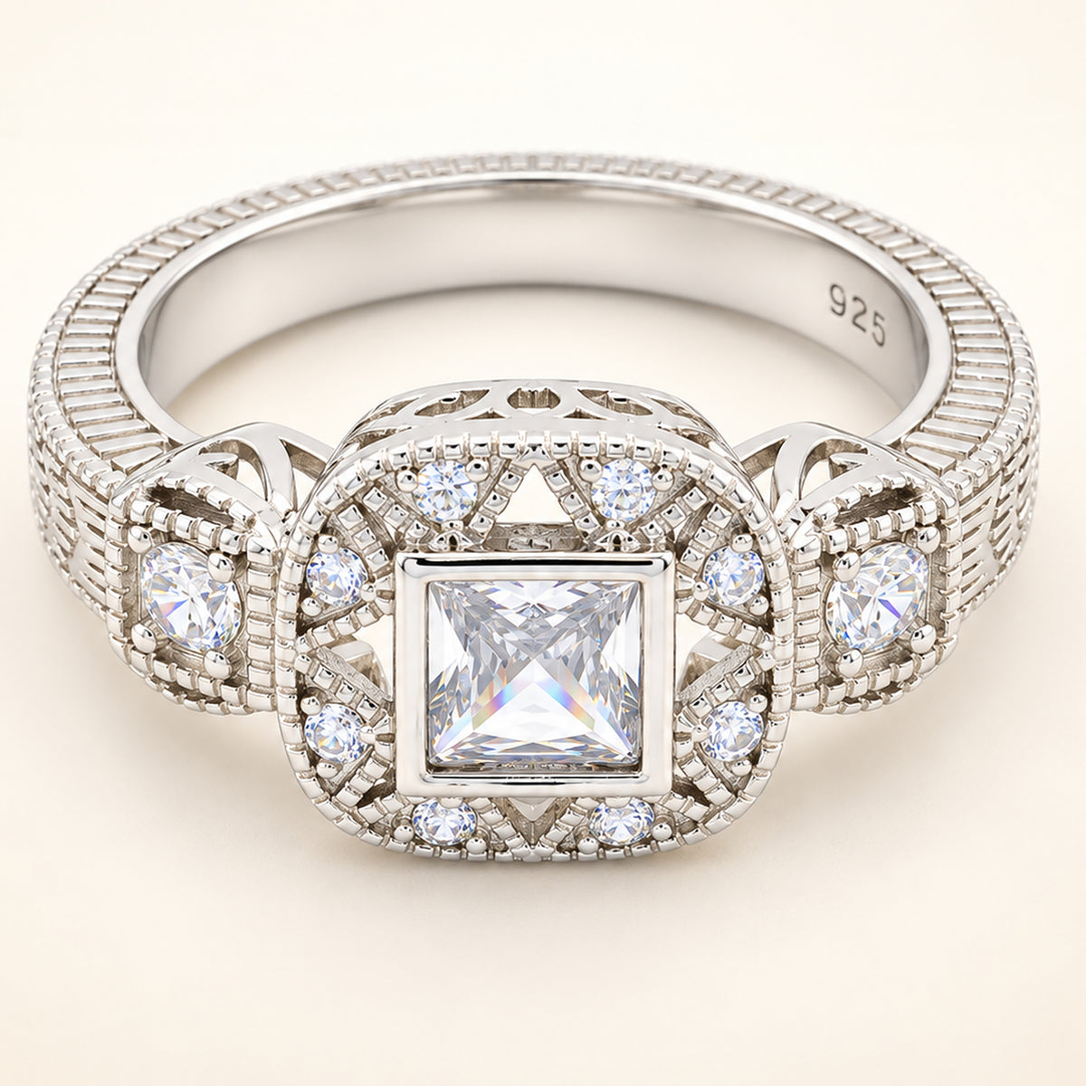 Vintage Design Cubic Zirconia Engagement Ring in Sterling Silver