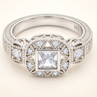 Vintage Design Cubic Zirconia Engagement Ring in Sterling Silver