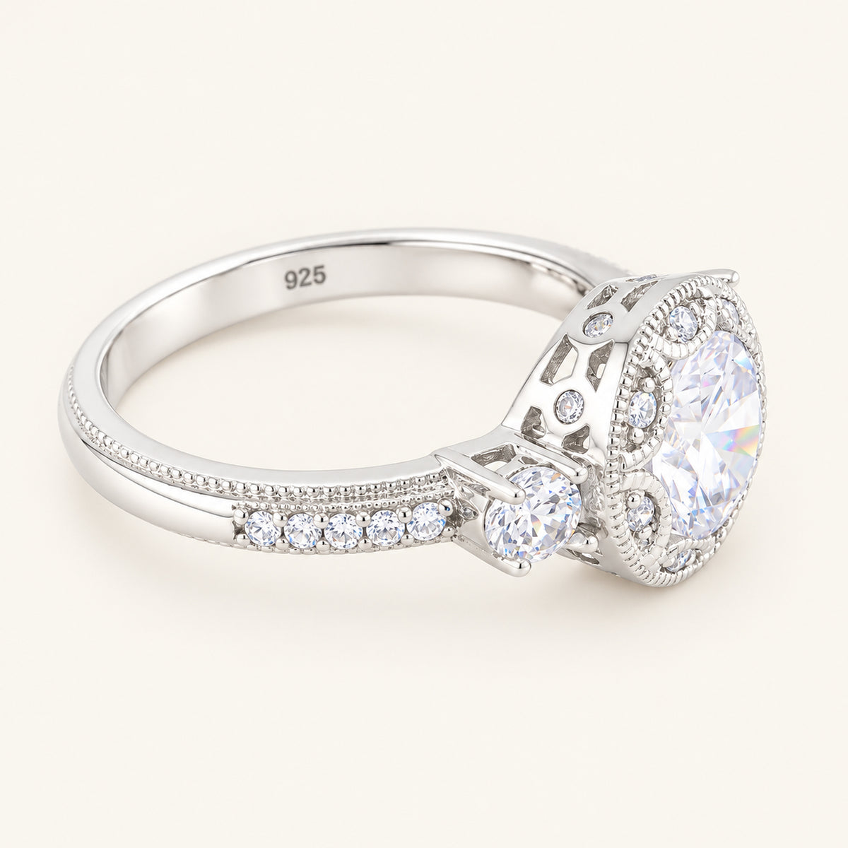 Vintage Design 1.5 Carat Cubic Zirconia Engagement Ring in Sterling Silver