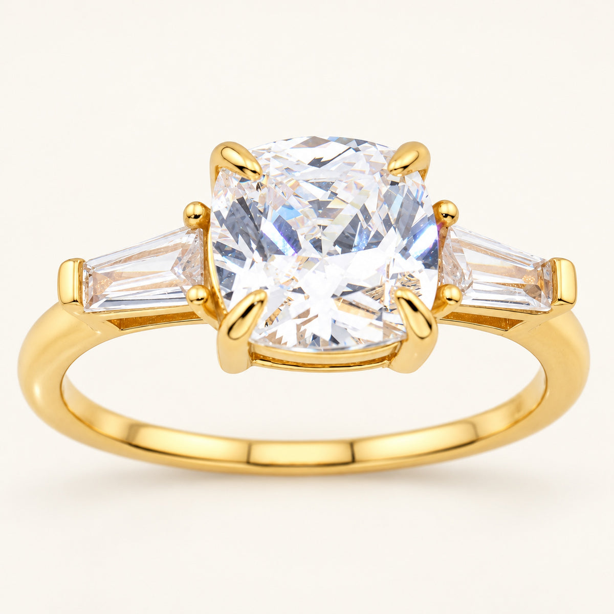 Round Brilliant Cubic Zirconia Three Stone Gold Plated Silver Engagement Ring