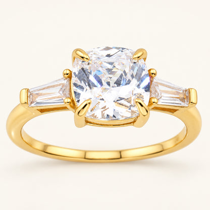 Round Brilliant Cubic Zirconia Three Stone Gold Plated Silver Engagement Ring