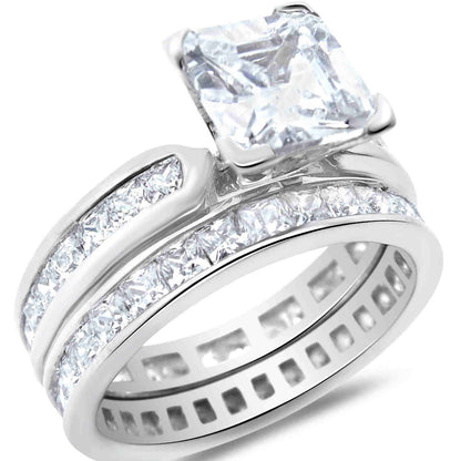 1.5 Carat Princess Cut CZ Eternity Setting Sterling Silver Wedding Ring Set