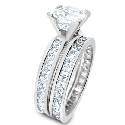 1.5 Carat Princess Cut CZ Eternity Setting Sterling Silver Wedding Ring Set