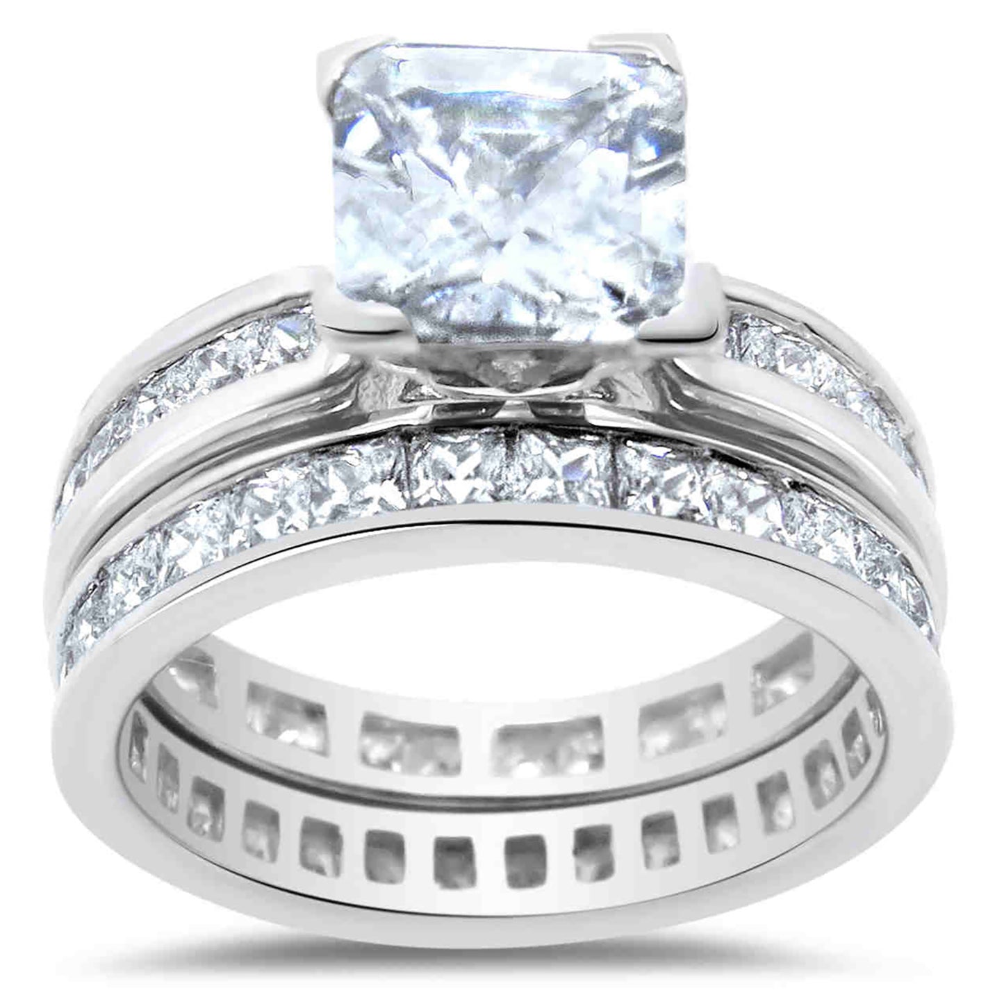 1.5 Carat Princess Cut CZ Eternity Setting Sterling Silver Wedding Ring Set