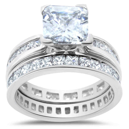 1.5 Carat Princess Cut CZ Eternity Setting Sterling Silver Wedding Ring Set