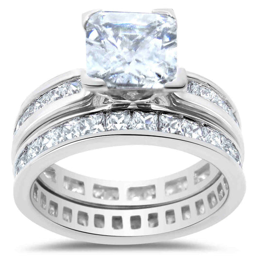 1.5 Carat Princess Cut CZ Eternity Setting Sterling Silver Wedding Ring Set
