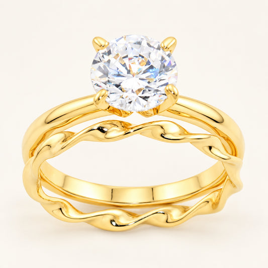 1 Carat Round Brilliant Cubic Zirconia Wedding Engagement Ring Set Gold Plated Sterling Silver