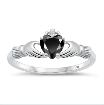 Irish Claddagh Sterling Silver Black Wedding Engagement Ring Set