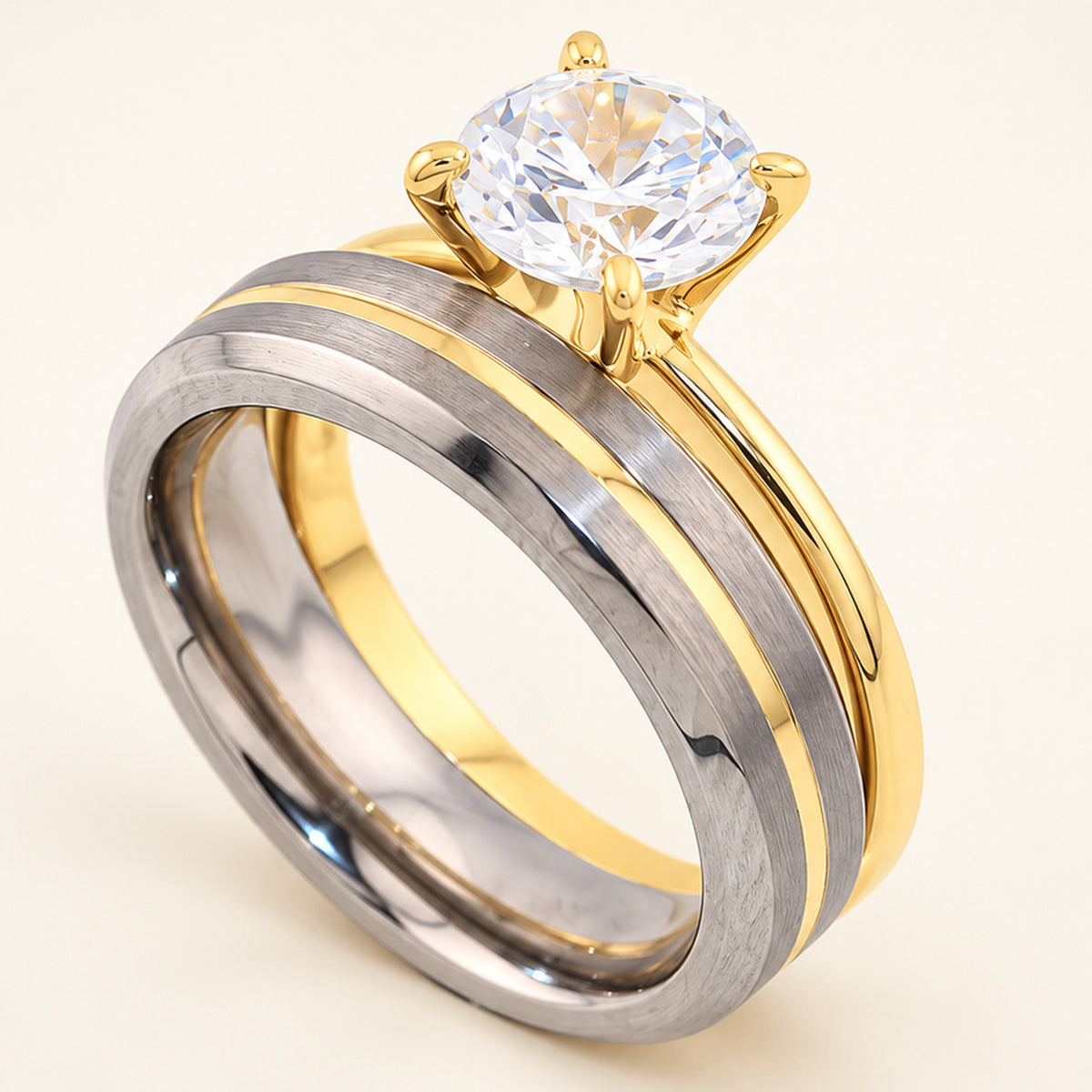 1 Carat Round Brilliant CZ Silver Engagement Ring with Titanium Wedding Band