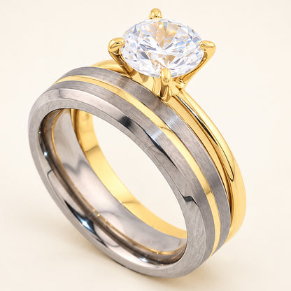 1 Carat Round Brilliant CZ Silver Engagement Ring with Titanium Wedding Band