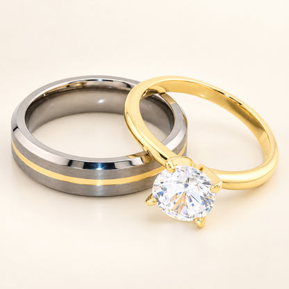 1 Carat Round Brilliant CZ Silver Engagement Ring with Titanium Wedding Band