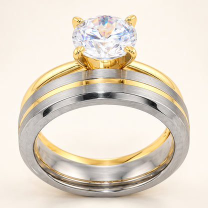 1 Carat Round Brilliant CZ Silver Engagement Ring with Titanium Wedding Band