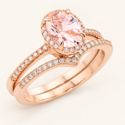 1 Carat Oval Hidden Halo Wedding Engagement Ring Set in Rose Gold Plated Silver