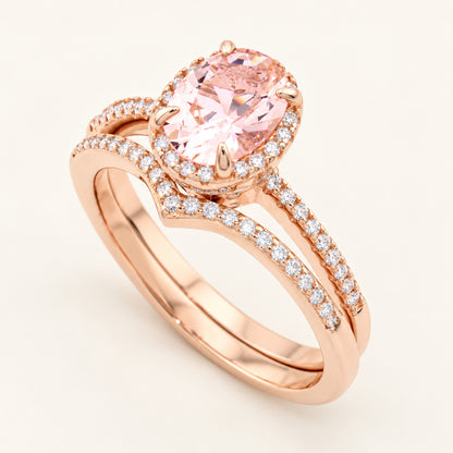 1 Carat Oval Hidden Halo Wedding Engagement Ring Set in Rose Gold Plated Silver