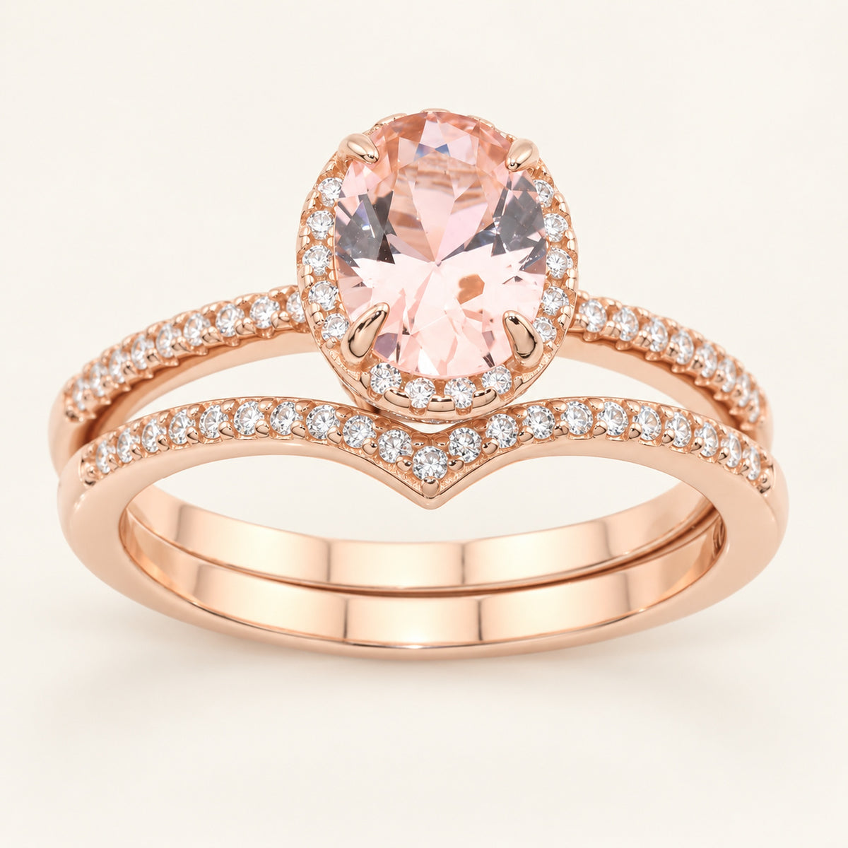 1 Carat Oval Hidden Halo Wedding Engagement Ring Set in Rose Gold Plated Silver