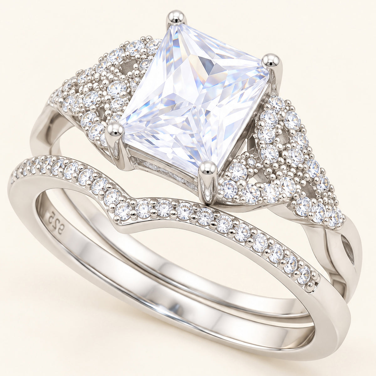 Victorian Style 1 Carat Cubic Zirconia Wedding Ring Set Sterling Silver