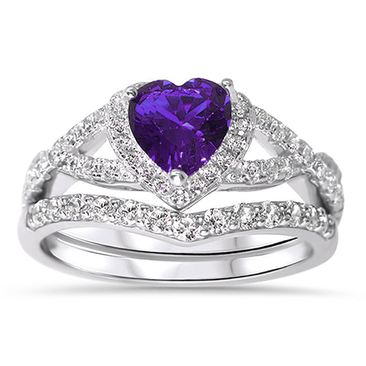1 Carat Halo Heart Cut Purple CZ Wedding Ring Set in Sterling Silver
