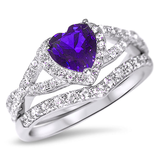 1 Carat Halo Heart Cut Purple CZ Wedding Ring Set in Sterling Silver