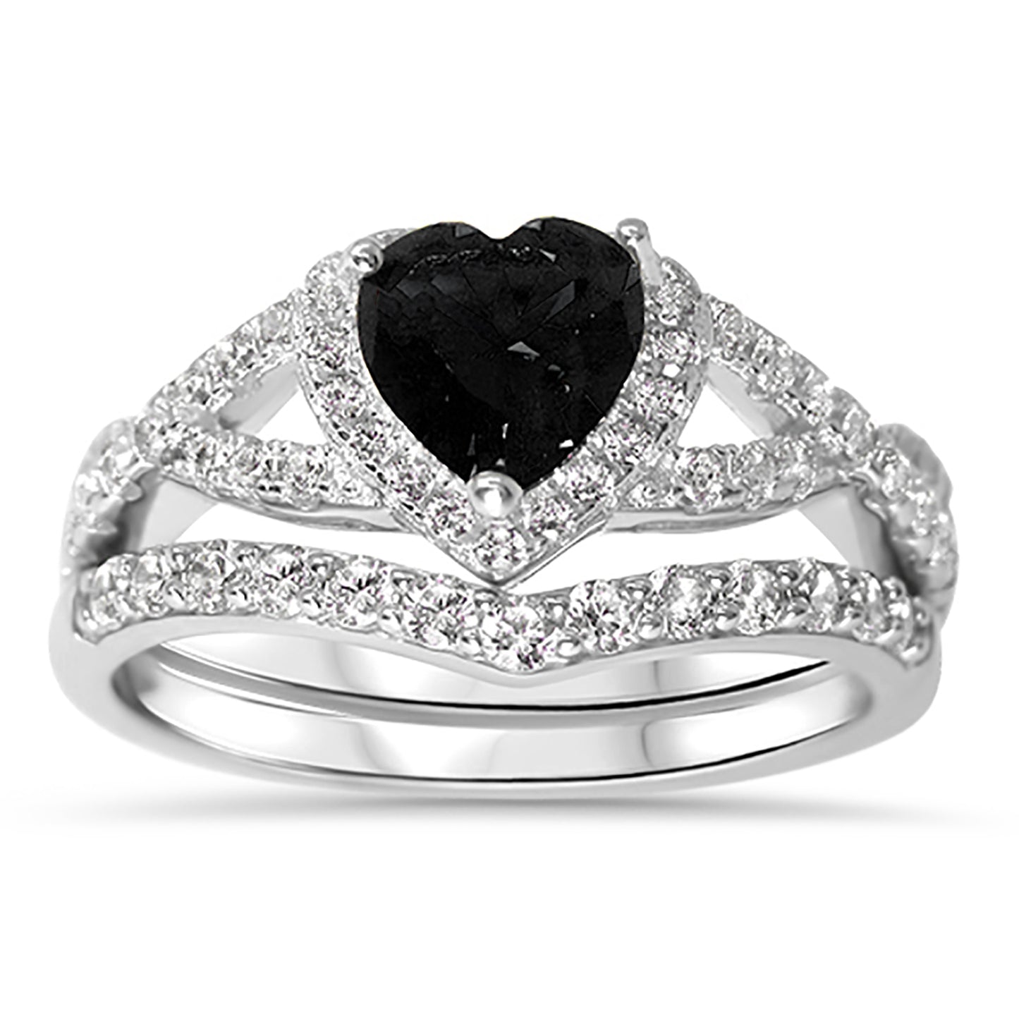 1 Carat Halo Heart Cut Black CZ Wedding Ring Set in Sterling Silver