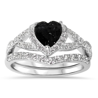 1 Carat Halo Heart Cut Black CZ Wedding Ring Set in Sterling Silver