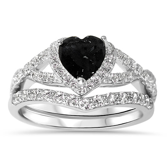 1 Carat Halo Heart Cut Black CZ Wedding Ring Set in Sterling Silver