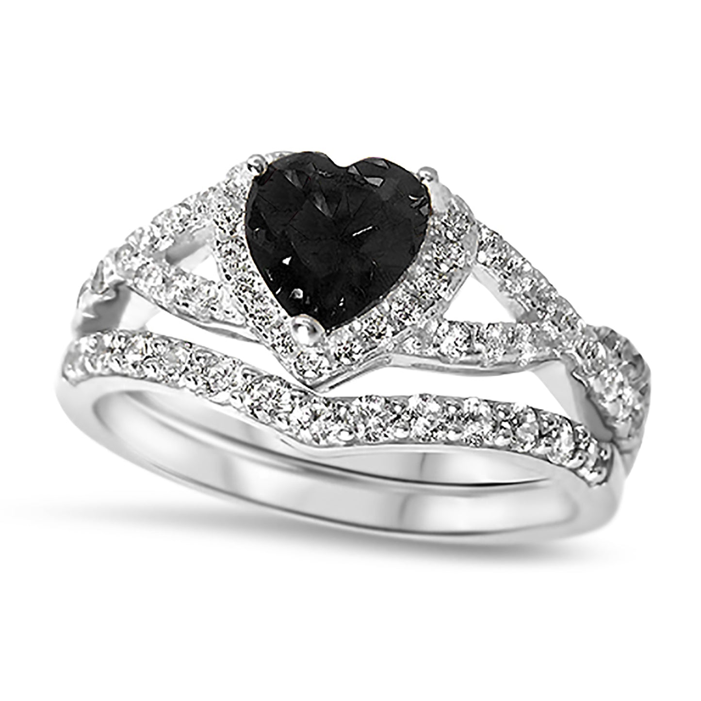 1 Carat Halo Heart Cut Black CZ Wedding Ring Set in Sterling Silver