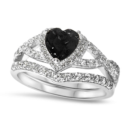1 Carat Halo Heart Cut Black CZ Wedding Ring Set in Sterling Silver
