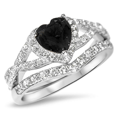 1 Carat Halo Heart Cut Black CZ Wedding Ring Set in Sterling Silver