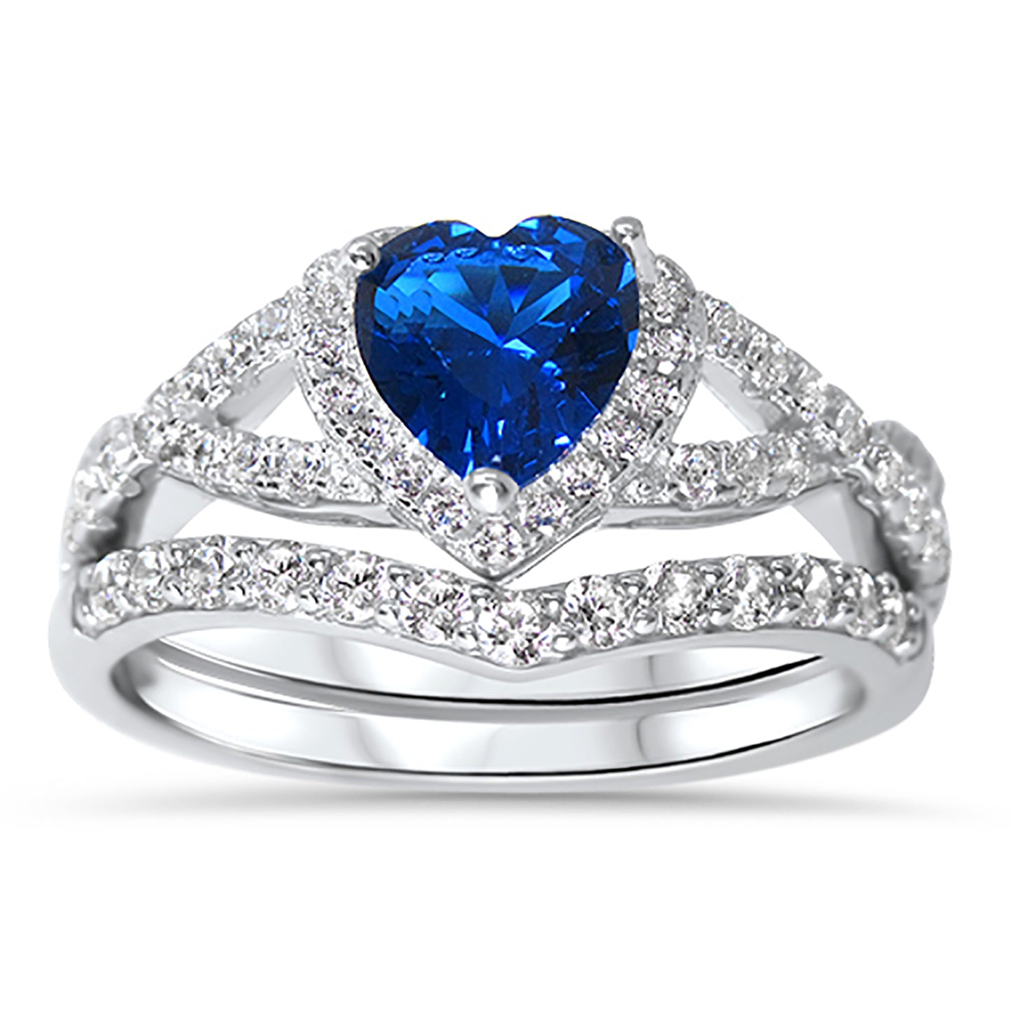 1 Carat Halo Heart Cut Blue CZ Wedding Ring Set in Sterling Silver