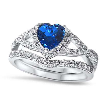 1 Carat Halo Heart Cut Blue CZ Wedding Ring Set in Sterling Silver