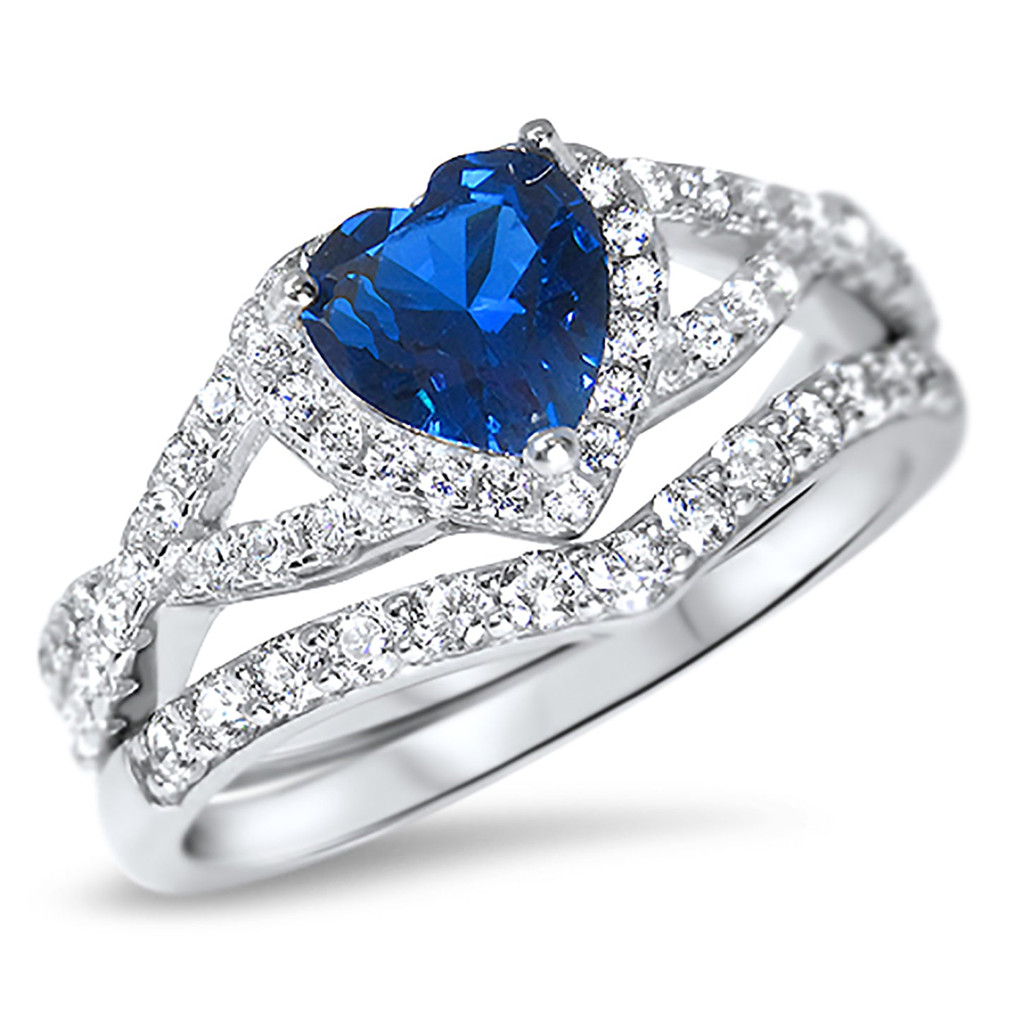 1 Carat Halo Heart Cut Blue CZ Wedding Ring Set in Sterling Silver