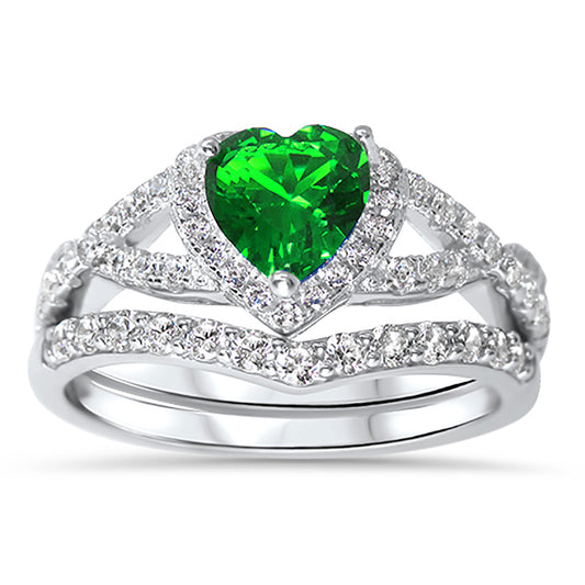 1 Carat Halo Heart Cut Green CZ Wedding Ring Set in Sterling Silver