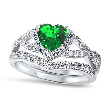 1 Carat Halo Heart Cut Green CZ Wedding Ring Set in Sterling Silver