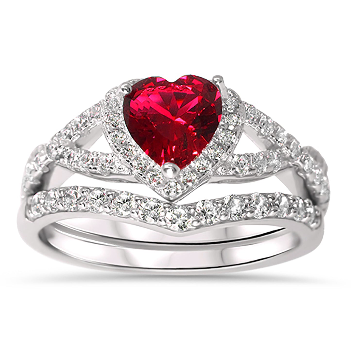 1 Carat Halo Heart Cut Red CZ Wedding Ring Set in Sterling Silver