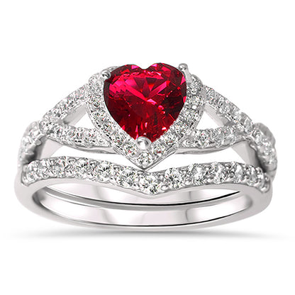 1 Carat Halo Heart Cut Red CZ Wedding Ring Set in Sterling Silver