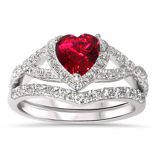 1 Carat Halo Heart Cut Red CZ Wedding Ring Set in Sterling Silver