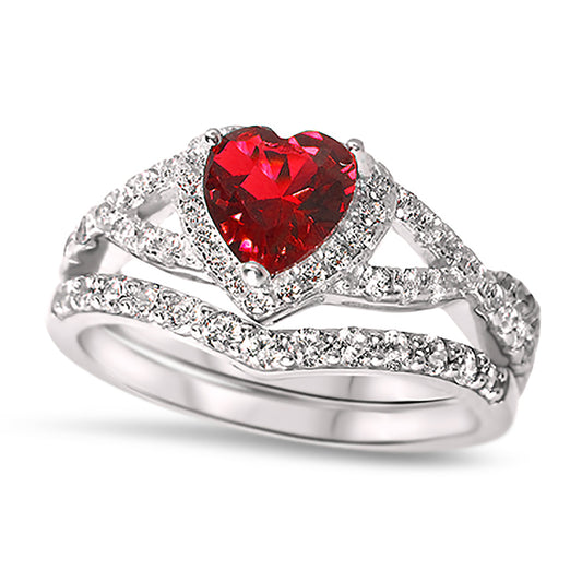 1 Carat Halo Heart Cut Red CZ Wedding Ring Set in Sterling Silver