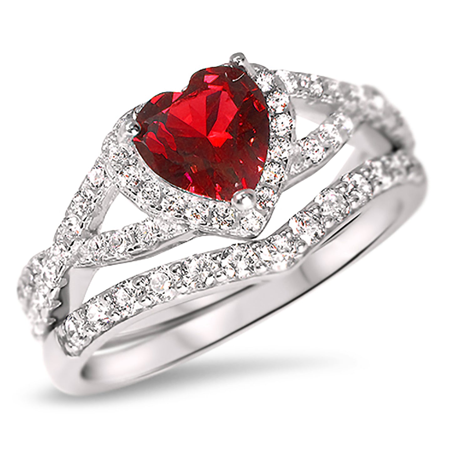 1 Carat Halo Heart Cut Red CZ Wedding Ring Set in Sterling Silver