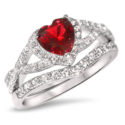 1 Carat Halo Heart Cut Red CZ Wedding Ring Set in Sterling Silver
