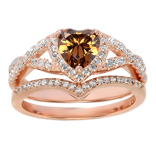 1 Carat Halo Heart Cut Coffee CZ Wedding Ring Set in Sterling Silver