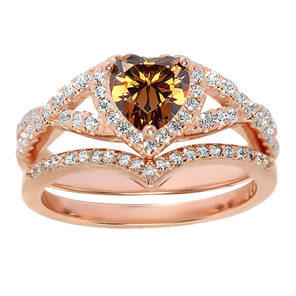 1 Carat Heart Cut Halo Set Chocolate CZ Silver Wedding Engagement Ring Set
