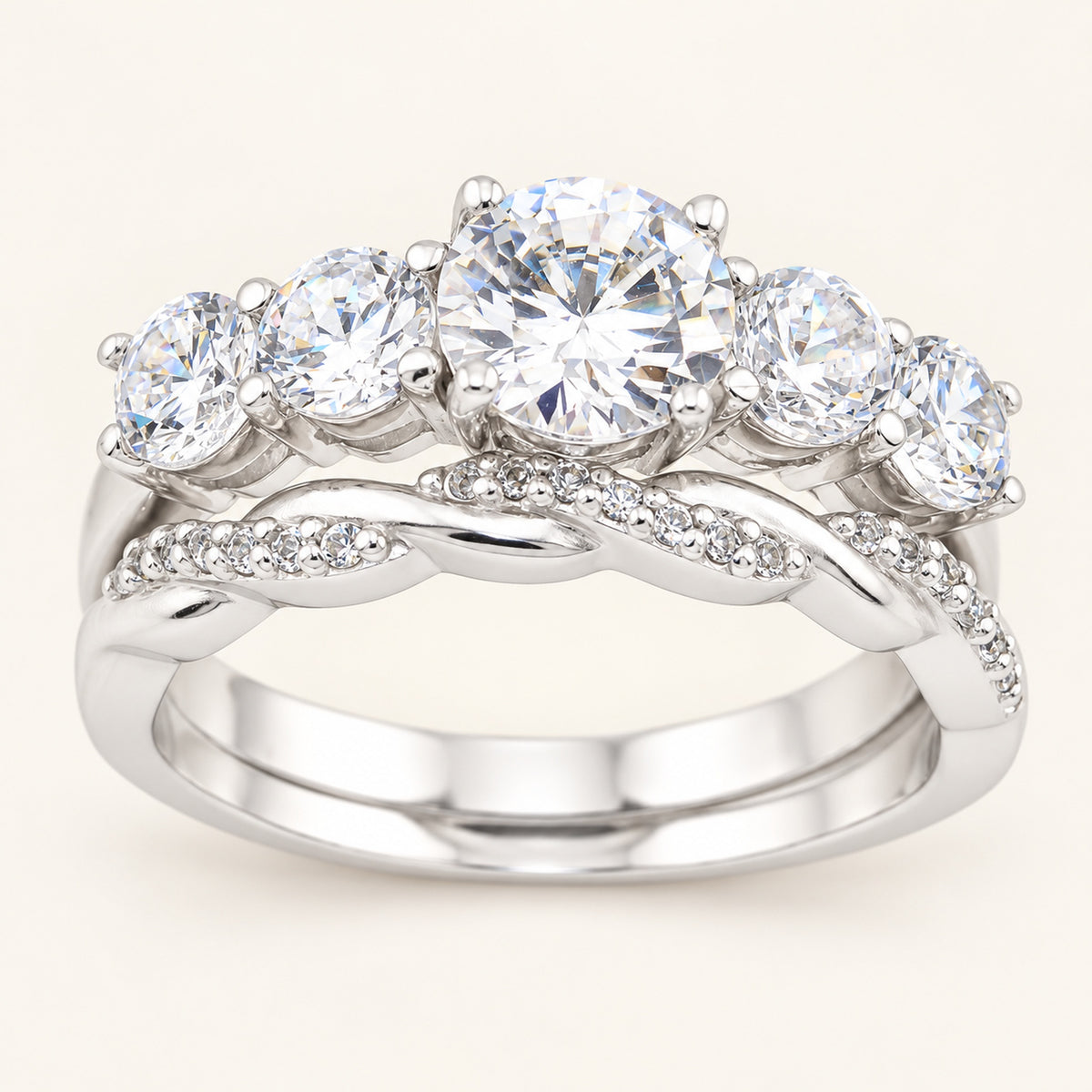 3/4 Carat Round Brilliant Cubic Zirconia Vintage Design Wedding Ring Set in Silver