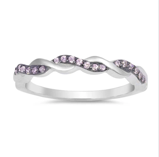 Pink CZ Sterling Silver Twisted Vine Wedding Band Ring for Women