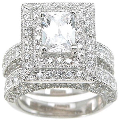 1.5 Carat CZ Vintage Style Sterling Silver Wedding Engagement Ring Set