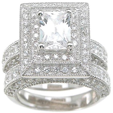 1.5 Carat CZ Vintage Style Sterling Silver Wedding Engagement Ring Set