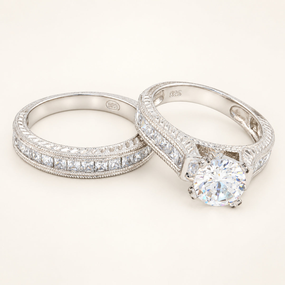 1.5 Carat Round Brilliant Cubic Zirconia Vintage Design Wedding Ring Set in Silver