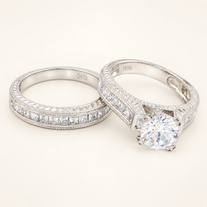1.5 Carat Round Brilliant Cubic Zirconia Vintage Design Wedding Ring Set in Silver