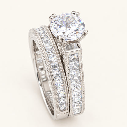 1.5 Carat Round Brilliant Cubic Zirconia Vintage Design Wedding Ring Set in Silver
